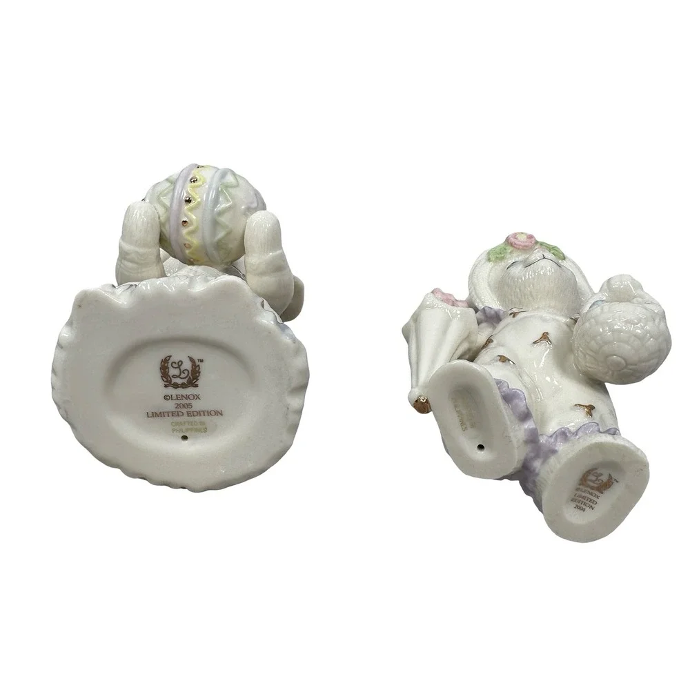 Lenox Limited Edition 2004 2005 Easter Stroll Bunny Figurine Set 2 Porcelain